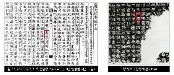 삼국사기의 고구려 시조 동명왕 기사(약 BC 59년 발생한 사건 기술) 과 광개토대왕릉비문(414)